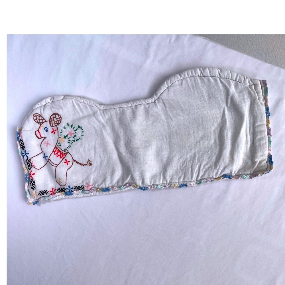 Vintage Hand Embroidered Burp Cloth White Cotton Donkey Folk Art Crochet Edge - Picture 2 of 6